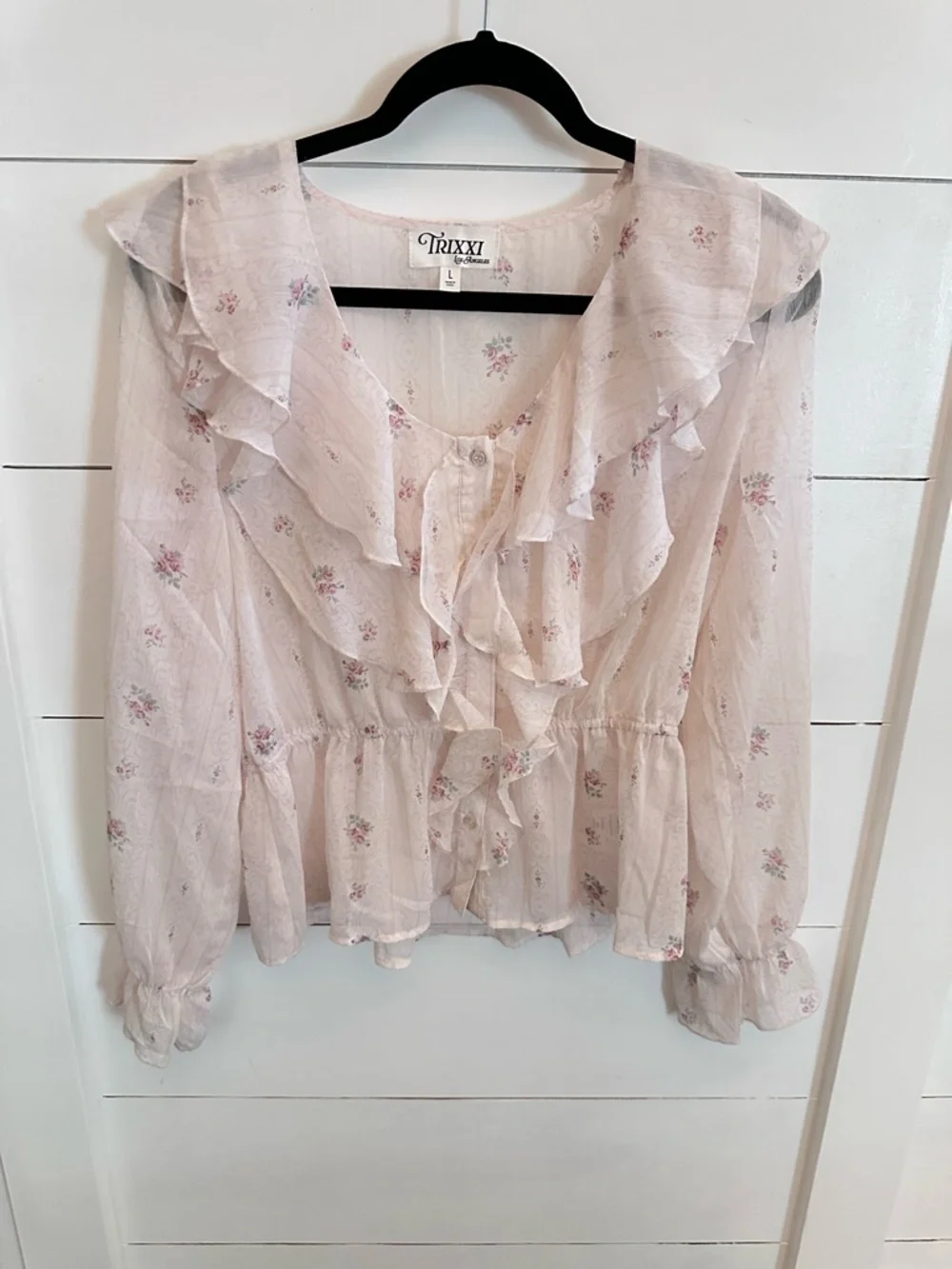 TRIXXI L Greta Pale Pink ditzy floral ruffled chest & sleeve sheer button blouse - Picture 2 of 14